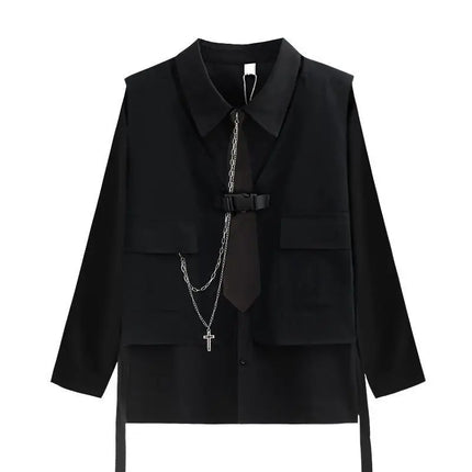 Men Women Gothic Shirt Suit Korean Loose Long-sleeved Blouse Functional Workwear Suit Vest Two-piece Set 2023 Spring Autumn Top