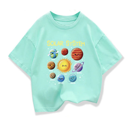 Kids Pure Cotton T-shirt Solar System Graphic Printing Summer Children's Loose Short-sleeved Tees Boys Girls O-Neck Tops