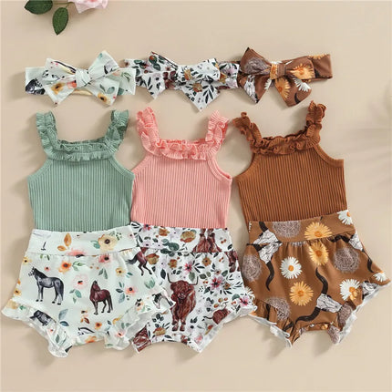 0-18months Baby Girl 3pcs Shorts Outfits Off Shoulder Romper Tops Bull Print Short Pants Head Band Infant Girls 3pcs Clothes Set