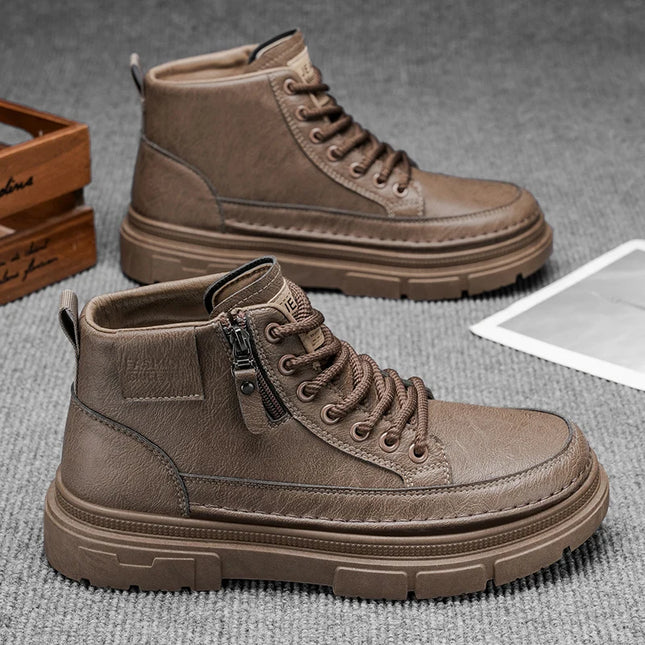 Men's Leather High-Top Boots | Lace-Up & Zipper Platform Ankle Boots | Non-Slip Work & Casual Shoes