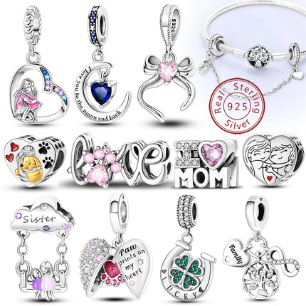 Original 925 Sterling Silver Charm Beads Love Heart Family Charms Pendant Fit Bracelet Charm Women DIY Jewelry Gift