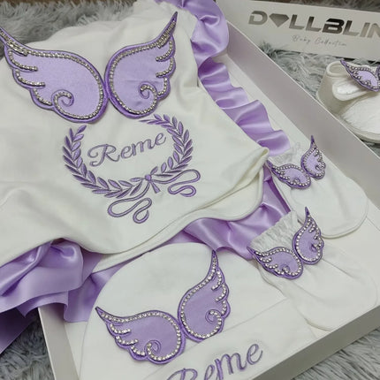 Dollbling Hospital Exit 5pcs Embroidery Name Newborn Angle Wings Romper Blanket  Nursery Bedding Swaddle Handmade Infant Outfit