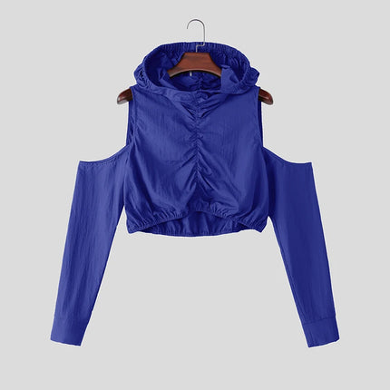 INCERUN Men's T Shirt Solid Color Pleated Off Shoulder Long Sleeve Hooded Men Clothes Streetwear Loose 2026 Crop Tops For Man
