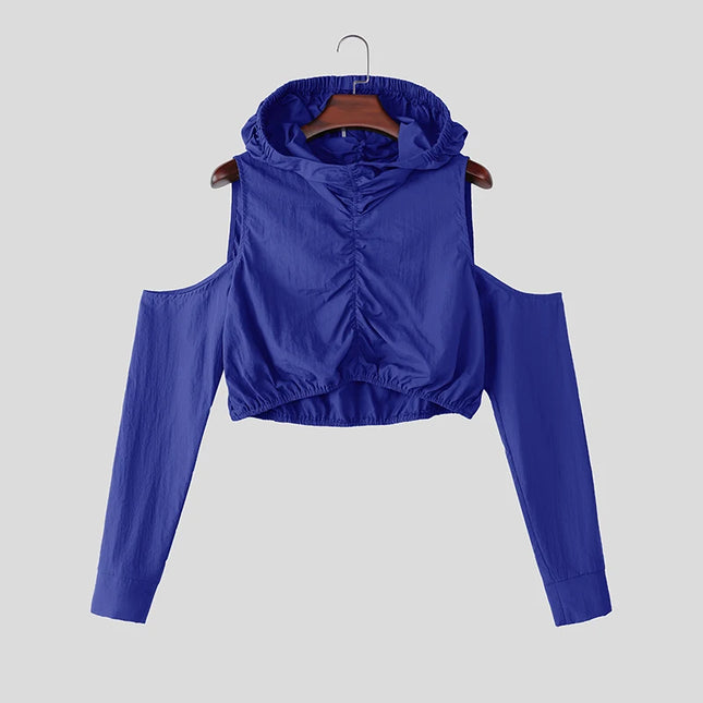 INCERUN Men's T Shirt Solid Color Pleated Off Shoulder Long Sleeve Hooded Men Clothes Streetwear Loose 2026 Crop Tops For Man