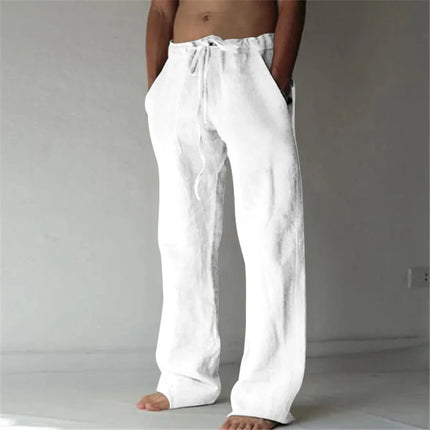 Mens Casual Pants Daily Wear Solid Summer Full Length Soft Linen Pants Mid Waist Pocket Drawstring Trousers Streetwear Bottoms ﻿