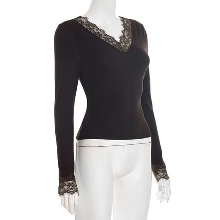 Sexy Lace Trim Long Sleeve T-shirt Solid V Neck Slim Fit Crop Top Fashion Splice Hottie Club Party Top Autumn New Lady Pullover