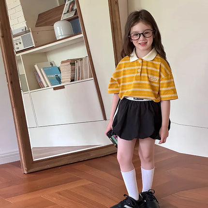 Children's Collar Polo Shirt 2025 Summer Boys and Girls Korean Edition Casual Contrast Striped T-shirt Top