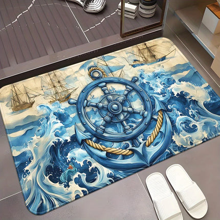 3D Nautical Rug Flannel Soft Kids Carpet Anchor Wheel Print Bedroom Kitchen Floor Mat Anti Slip
