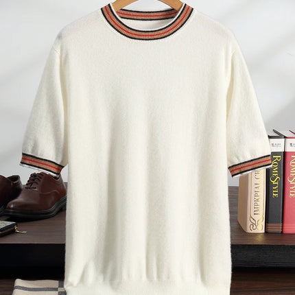 Men's T-shirt 2026 Spring/Summer New 100% Cashmere Round Neck Color Blocking Short Sleeved Knit Pullover Casual Men's Clothing