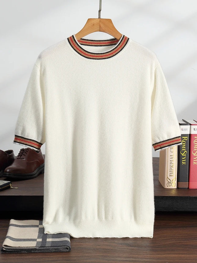 Men's T-shirt 2026 Spring/Summer New 100% Cashmere Round Neck Color Blocking Short Sleeved Knit Pullover Casual Men's Clothing
