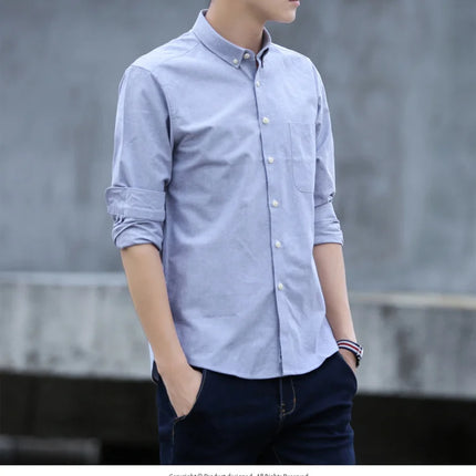 Classic fit cotton Full Casual shirts for men solid color long-sleeve plain shirt single pocket top soft slim fit formal clothes