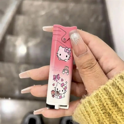 New Butane Gas Lighter Hello Kitty Inflatable Lighter Pink Flame Metal Lighter High Beauty Gift Small Gift