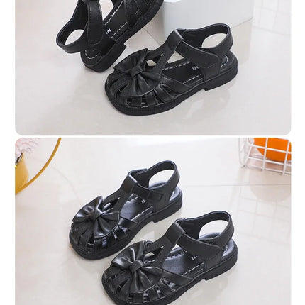 Cute Girls Sandals Bow Peep-toe 2025 New Soft Hook & Loop Beige Kids Princess Shoes Casual Sandals Cute Children Shoes Non-slip