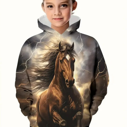 Cool Horse Girl Clothes Animals 3D Print Autumn Long Sleeve Hoodies Loose Lightweight Sweatshirt Comfortable Children's Clothing