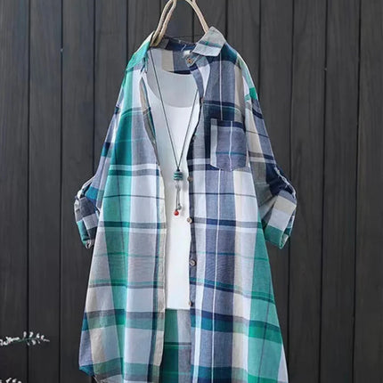 Plus Size Women's Shirt 2025 Korean Style of Casual Fashion Single-breasted Sunscreen Blouse Lapel Square Plaid Top Long Sleeve
