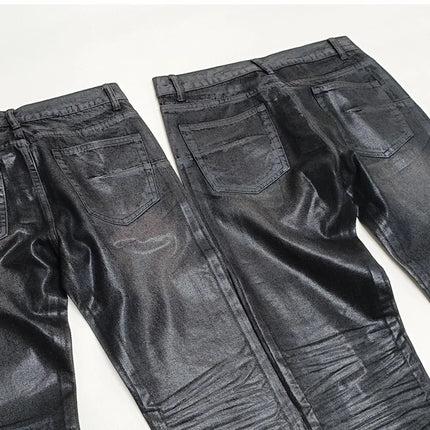 High Street Black Glue Wax Pants Women's Slim Fit Straight Leg Cat Whisker Jeans Streetwear Casual Denim Pants Men Clothing