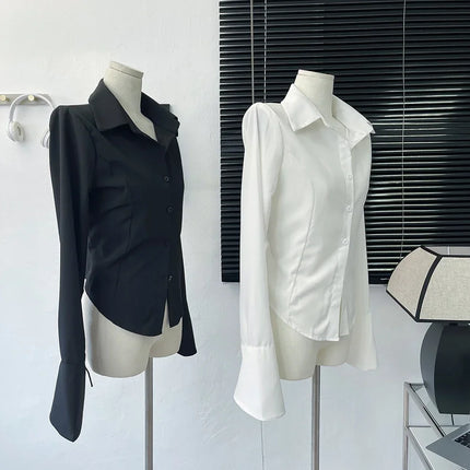 White Shirt Women Tops Korean Long Sleeve Blouses Lace Up Button Up Shirt Office Lady Black Fashion Slim Turn-Down Collar Blouse