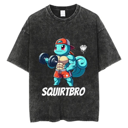 Pokemon Squirtle Squirtbro Gym Parody T Shirt Men 2026 Summer Vintage Acid Wash Oversized Tee Anime Streetwear
