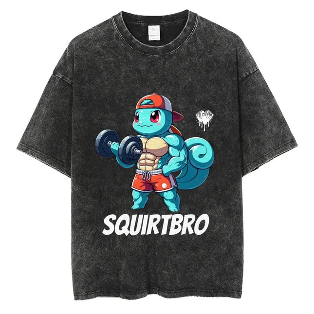 Pokemon Squirtle Squirtbro Gym Parody T Shirt Men 2026 Summer Vintage Acid Wash Oversized Tee Anime Streetwear