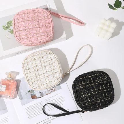 Women Makeup Pouch TikTok Viral Organizer Bag, Tweed Fabric Cosmetic Case with Long Handle for Travel Toiletries Sanitary Pads