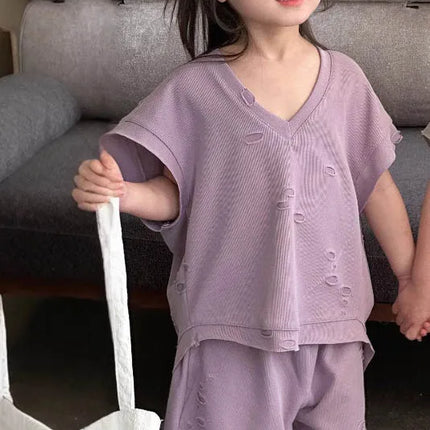 RAISE Summer Brother Sister Clothes Muslin Hollow V-collar Kids Boy Short Sleeve Top Suit Loose Solid Straight Shorts Tracksuits