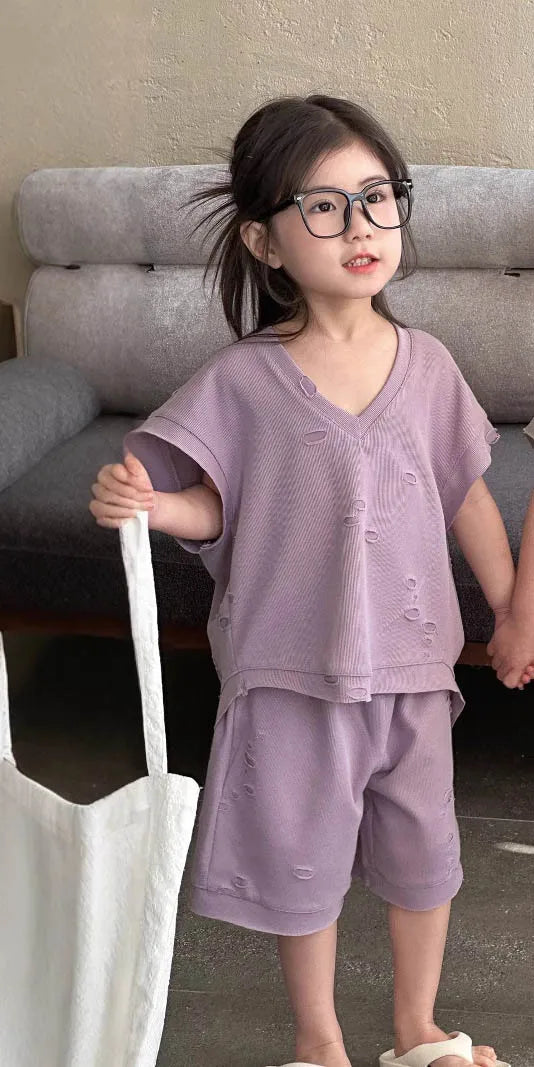 RAISE Summer Brother Sister Clothes Muslin Hollow V-collar Kids Boy Short Sleeve Top Suit Loose Solid Straight Shorts Tracksuits