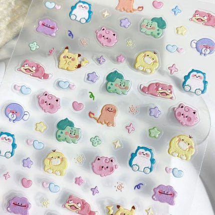 Pikachu Pokemon PK Nail Decals Relief Embossed Stickers Cute Cartoon Manicure Decor for Press On Nails Salon Use Gifts