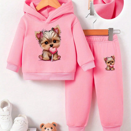 A cute dog pattern printed fleece hoodie and pants set for baby girls in autumn and winter for newborns