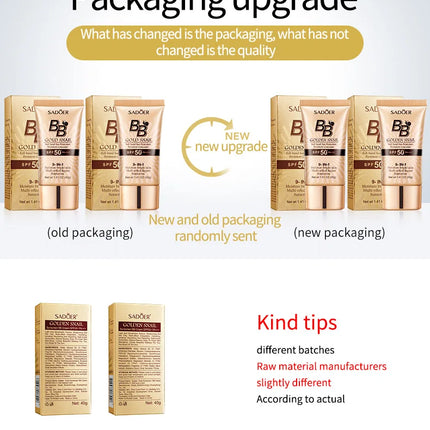SPF50+ Gold Snail Sunscreen BB Cream Whitening Foundation Concealer Moisturizing Long Lasting Even Skin Tone Makeup Base Primer