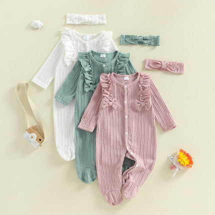Baby Girl Footed Romper Duck Solid Color Bow Ruffled Long Sleeve Round Neck Jumpsuit with Bow Headband