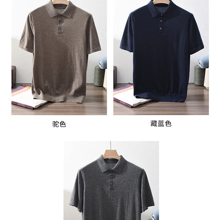 High quality 100% pure spun cashmere men's T-shirt casual solid color knitted pullover short sleeved POLO Neck Tees basic Tops