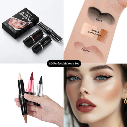 5D Perfect Makeup Set With Contouring Stick Eyeliner And Lipstick Easy Coloring Sweat-proof Long Lasting Daily Makeup Set