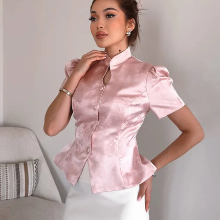 Solid Color Jacquard Glossy Satin Tops Women Chic Stand Collar Single Breasted Slim Fit Split Hem T-shirts Lady Daily Wear New