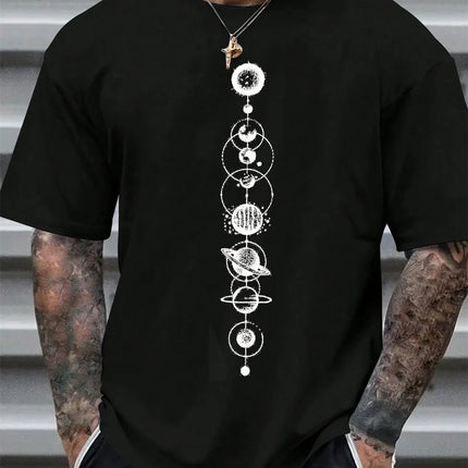 Men's Summer 100% Cotton Fashionable Casual Loose-fit Round Neck Space Planet Pattern Short-Sleeved T-Shirt Top