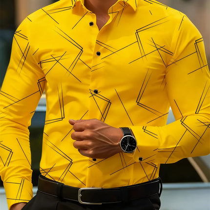 Men's trendy geometric line print long-sleeved shirt Business casual fashion design slim fit non-iron versatile ins style shirt