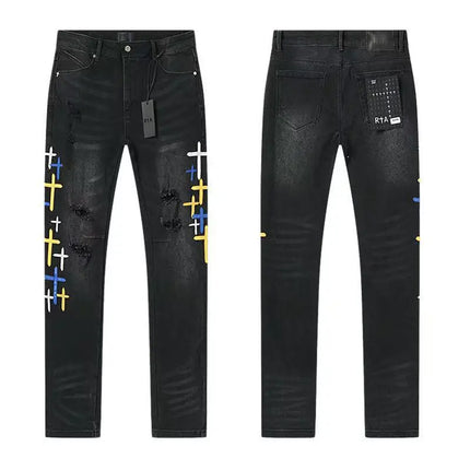 2026 RTA Men's Slim Fit Jeans Collection Distressed Ripped Paint Splatter Studded Patch Vintage Washed Streetwear Fashion Pants