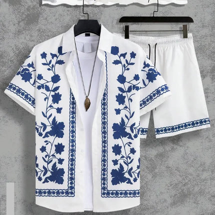 Hawaiian Shirt Set Men 3D Printed Blue White Porcelain Pattern Summer Fashion Casual Daily Oversized Shirt+shorts 2 Piece Set