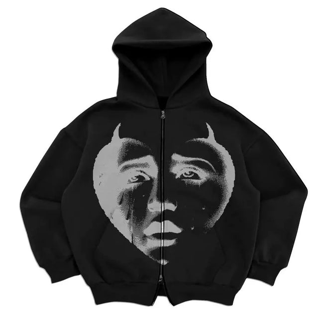 Street sports zipper printed cardigan 2024 new street trend hooded sweatshirt fashion men's Y2K loose retro pocket sweatshirt