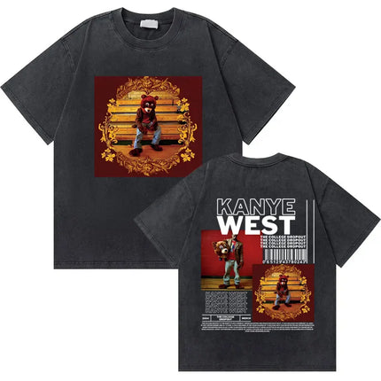 Washed Vintage Rapper Kanye West Graduation Bear Graphic T Shirt Men Pure Cotton T-shirt Men's Hip Hop Fashion Oversized Tshirt