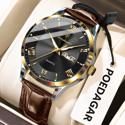 POEDAGAR Classic Luxury Men's Wristwatch Date Week Leather Business Man Watch Waterproof Luminous Fashion Quartz Watches For Men