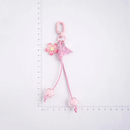 Cute Cherry Blossoms Pendant Keychain Creativity Heart Shape Beaded Woven Rope Small Bell Design Bag Hanging Piece Gift A227