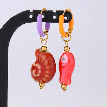 1Pair Trendy Ceramic Hand-painted Tropical Fish Y2K Girl Hoop Earrings Cute Sea Animal Conch Shell Summer Women Aretes Jewelry