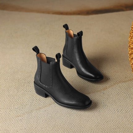 Krazing Pot Big Size 34-43 Cow Leather Round Toe High Heels Retro Modern Chelsea Boots Warm Winter Shoes Motorcycles Ankle Boots