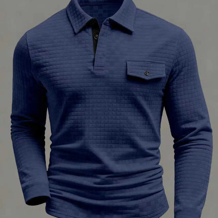 Spring Autumn Men's Classic Polo Shirt - Everyday Casual Design with Chessboard Pattern Patch Pockets on the Collar and Long Sleeves