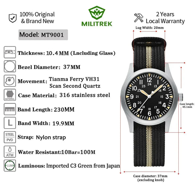 MILITREK 2025 New Men Quartz Watch VH31 37mm Military Waterproof 100M Sapphire Glass Luminous Stainless Steel Reloj Hombre