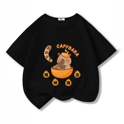 Cartoon Capybara Print Cotton Cool Children's T-shirt Short Sleeve Summer 100% Cotton New Fashion Boys Girls Tee Top Kid Clothes