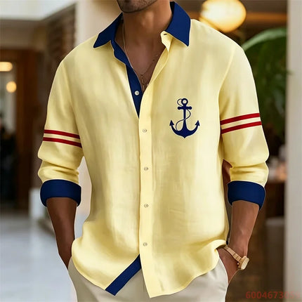 2026 Summer New Men's Long-Sleeve Shirt, Contrasting Collar with Anchor Print, Fashionable Casual Hawaiian Shirt, XS-6XL