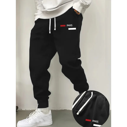Spring/Summer Men'S Solid Black Sports PantsKnitted Elastic Waistband With DrawstringSuitable For Outdoor Activities And Jogging