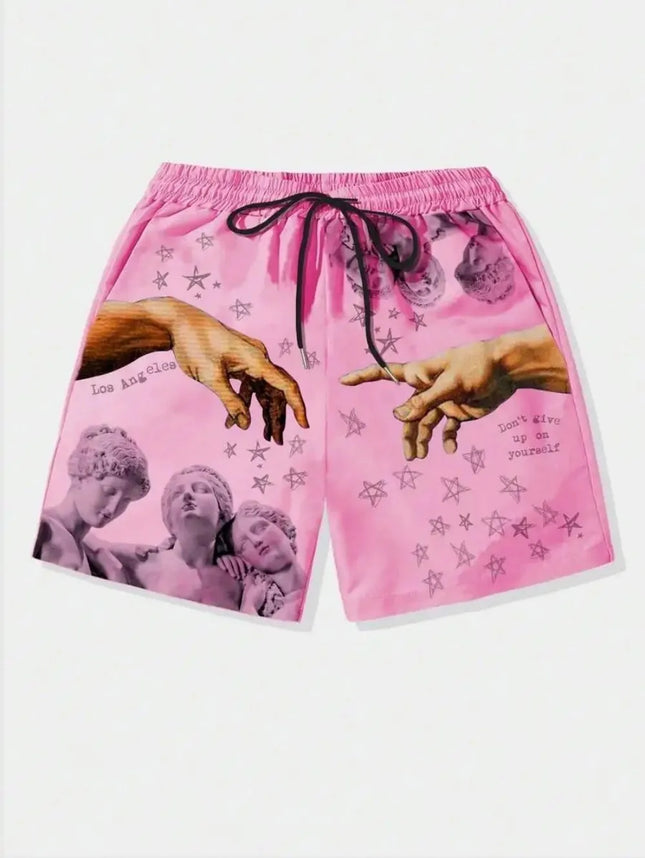 European and American men's summer luxurious statue print comfortable breathable drawstring shorts outdoor vacation casual pants