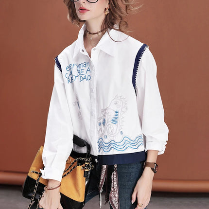 Women Embroidered Short Shirt Loose Fit Blouse Cropped Casual Cotton Top Long Sleeve Fashion Streetwea